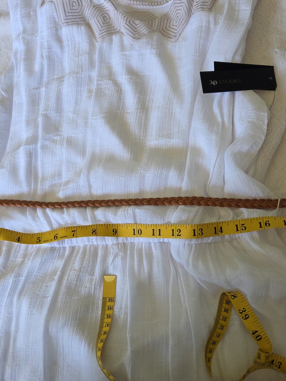 AB Studio White Maxi Dress with Tan Belt, Hankerchief Bottom. - Picture 7 of 11